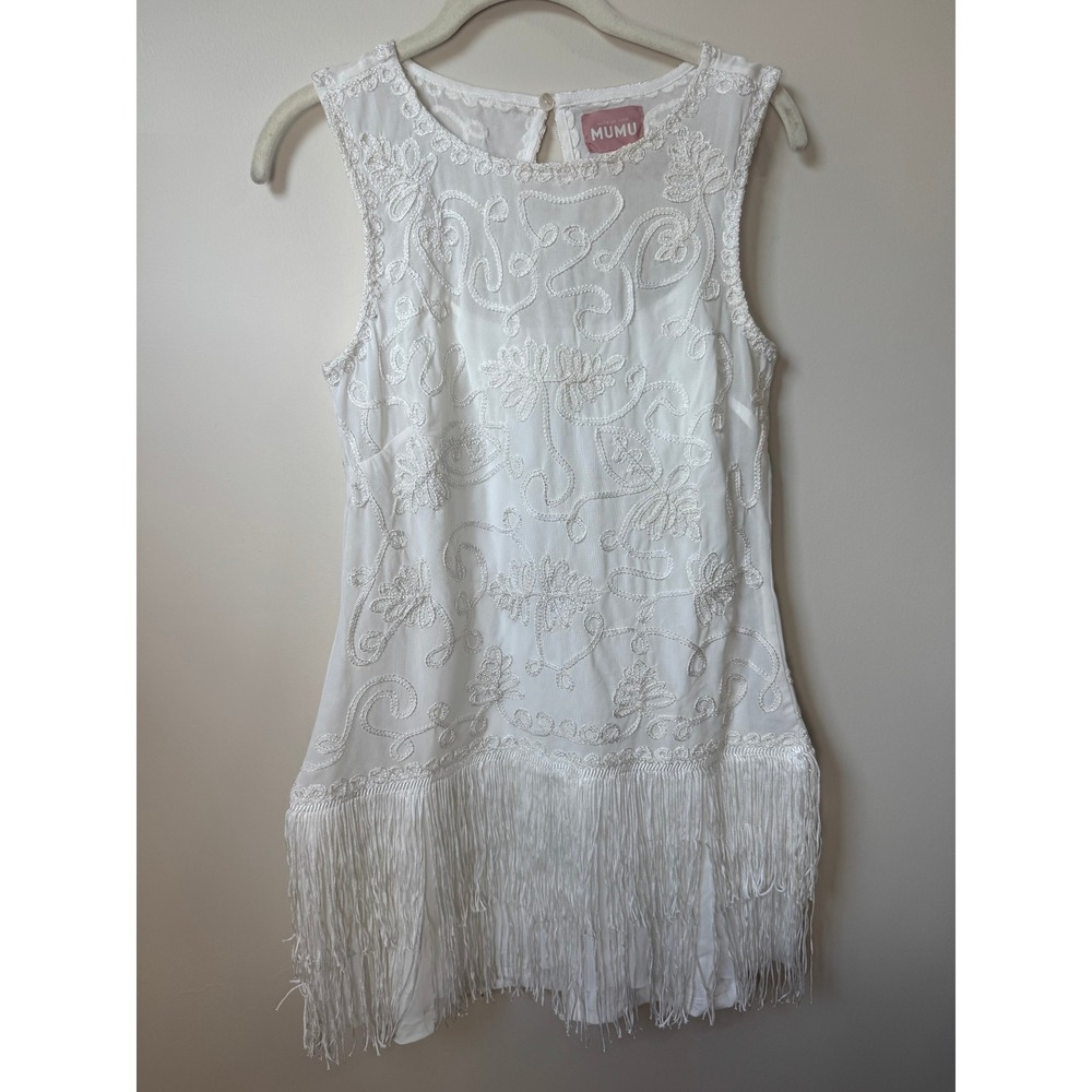 Show Me Your Mumu White Embroidered Fringe Mini Dress Sleeveless Flapper Bridal - Picture 3 of 5